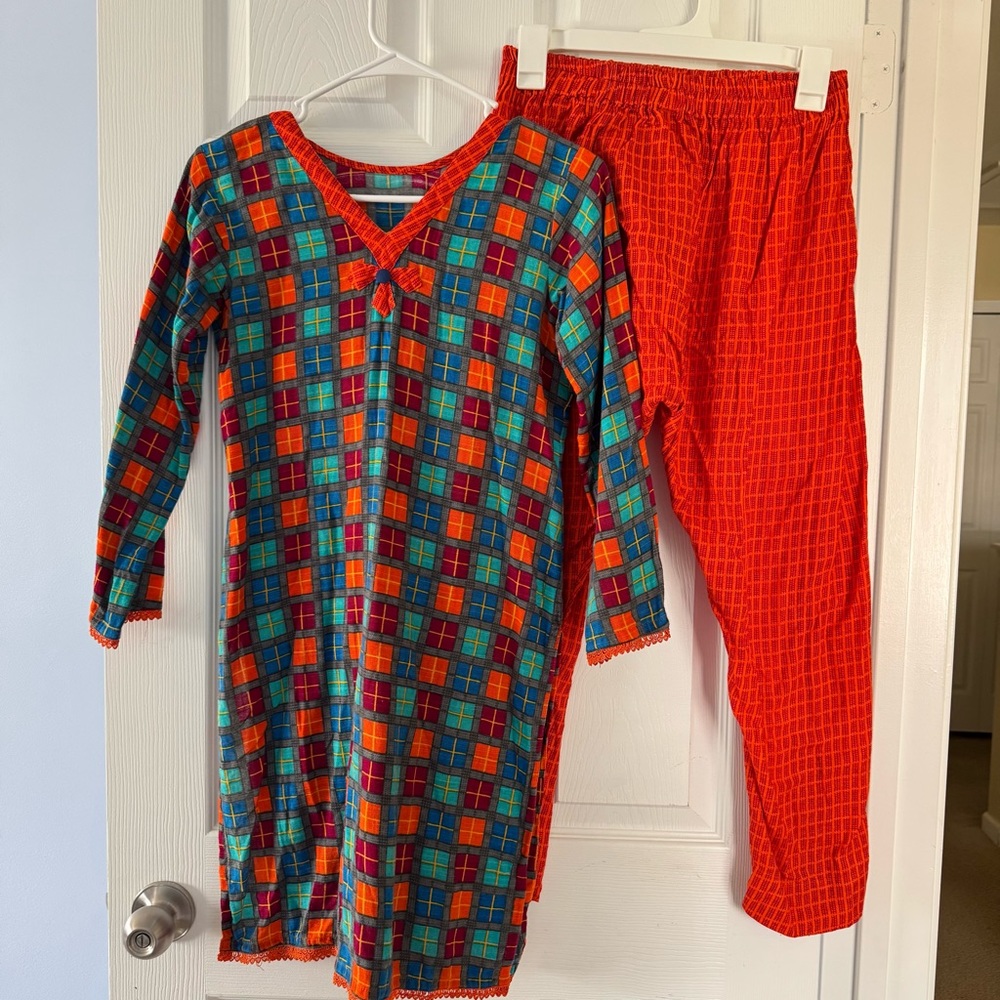 Plaid Kids Kurta Set - Red and Blue